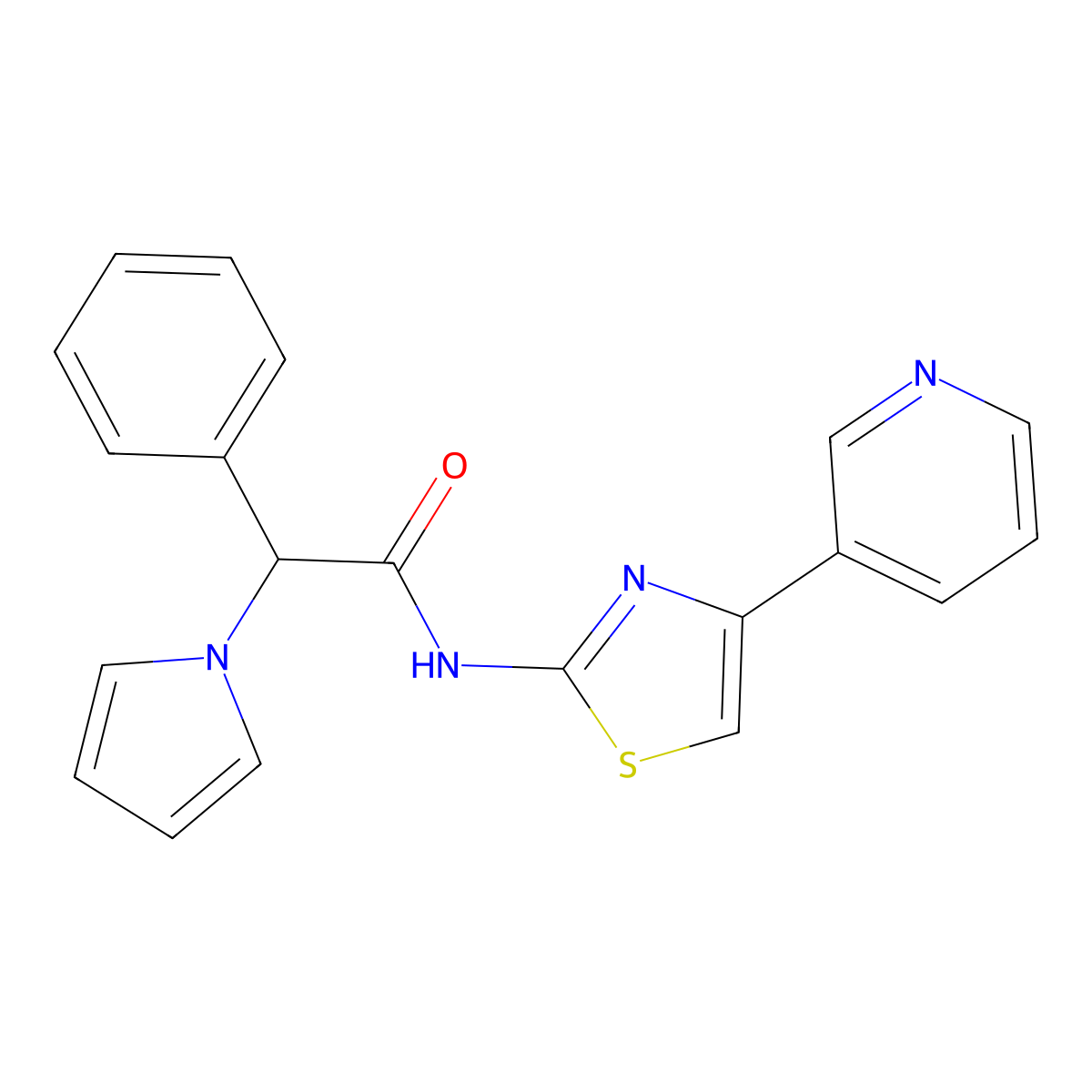 2-phenyl-N-(4-(pyridin-3-yl)thiazol-2-yl)-2-(1H-pyrrol-1-yl)acetamide molecular structure, CAS 1257547-42-4