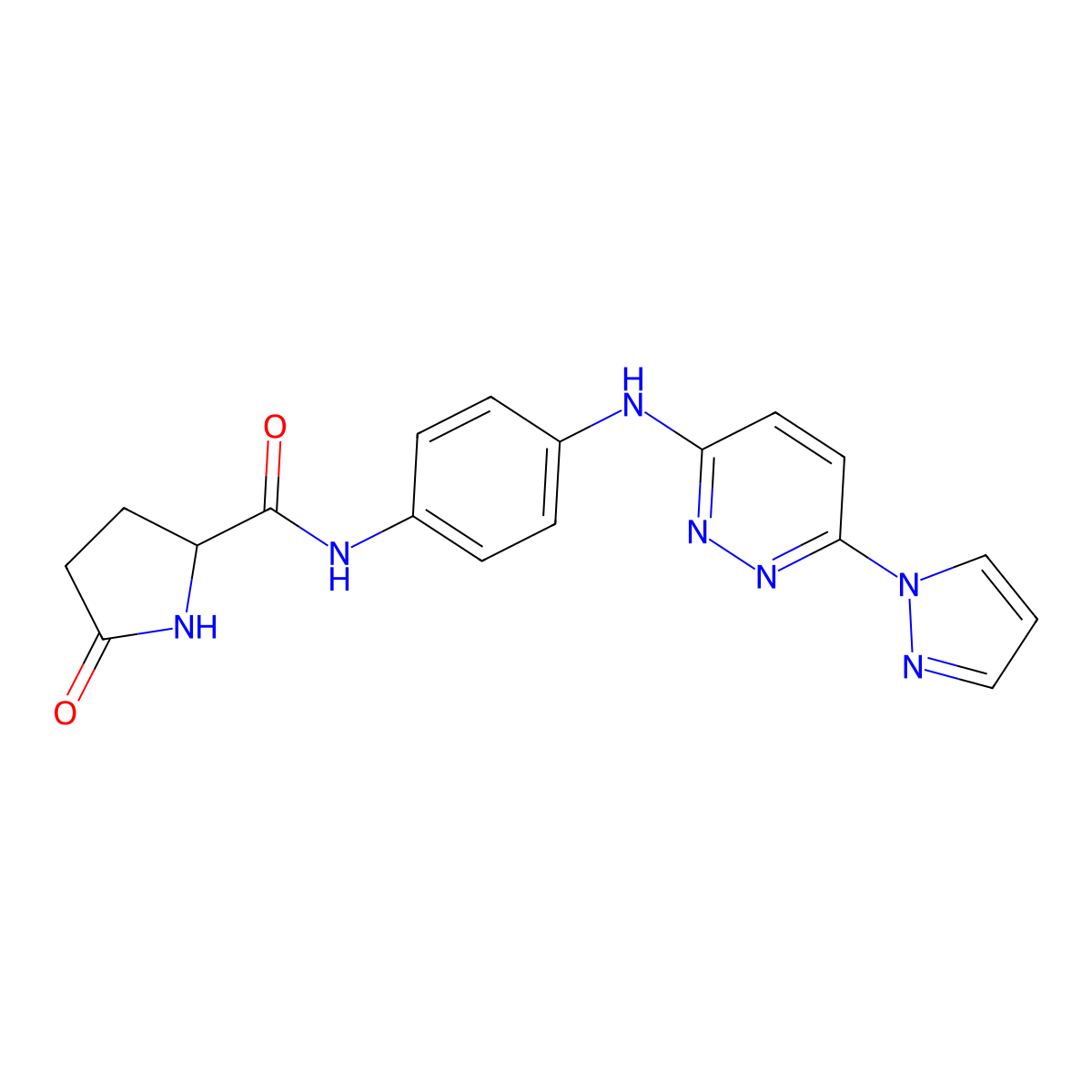 N-(4-((6-(1H-pyrazol-1-yl)pyridazin-3-yl)amino)phenyl)-5-oxopyrrolidine-2-carboxamide molecular structure, CAS 1257547-45-7