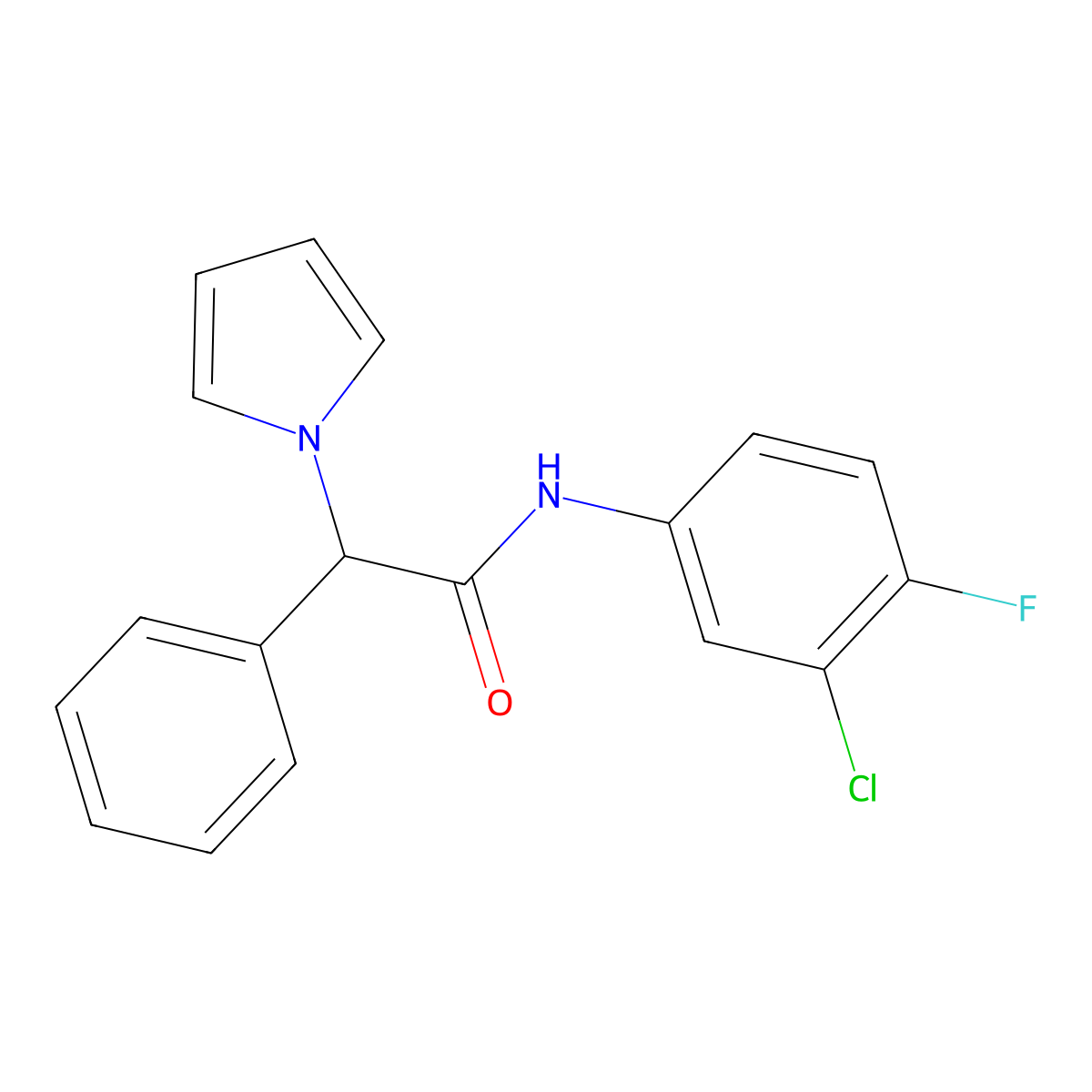N-(3-chloro-4-fluorophenyl)-2-phenyl-2-(1H-pyrrol-1-yl)acetamide molecular structure, CAS 1257547-46-8