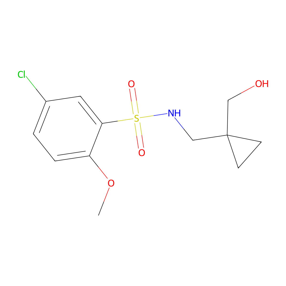 5-chloro-N-((1-(hydroxymethyl)cyclopropyl)methyl)-2-methoxybenzenesulfonamide molecular structure, CAS 1257547-67-3