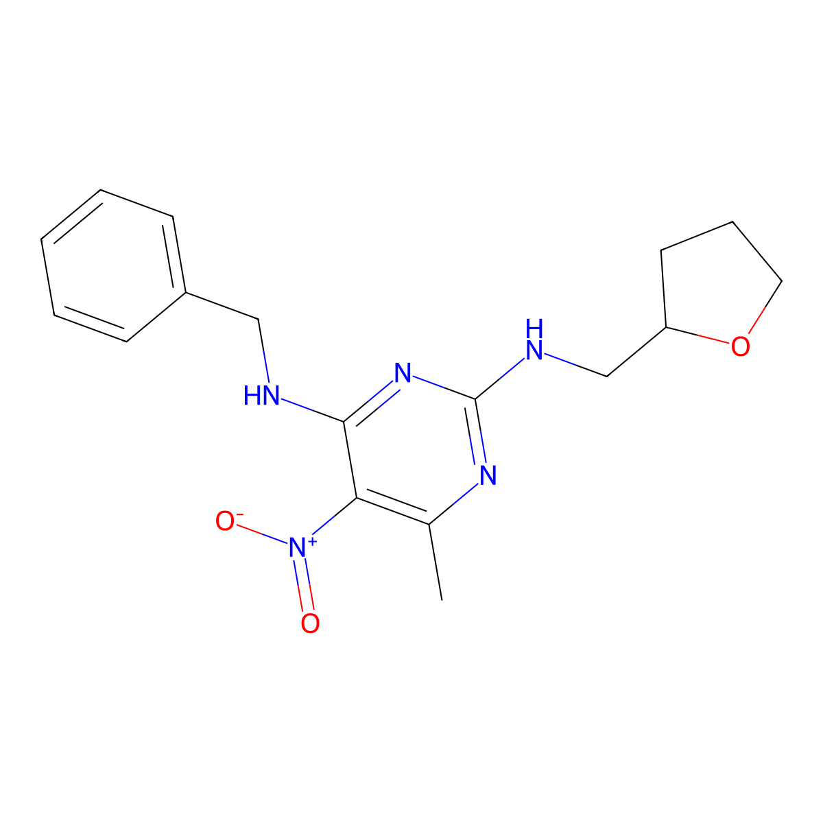 N4-benzyl-6-methyl-5-nitro-N2-((tetrahydrofuran-2-yl)methyl)pyrimidine-2,4-diamine molecular structure, CAS 1257547-98-0