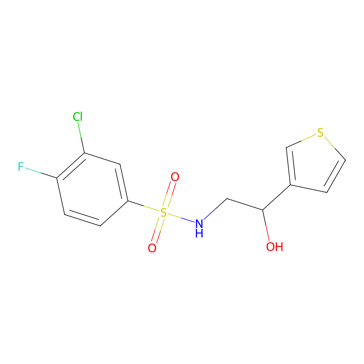 3-chloro-4-fluoro-N-(2-hydroxy-2-(thiophen-3-yl)ethyl)benzenesulfonamide molecular structure, CAS 1257548-28-9