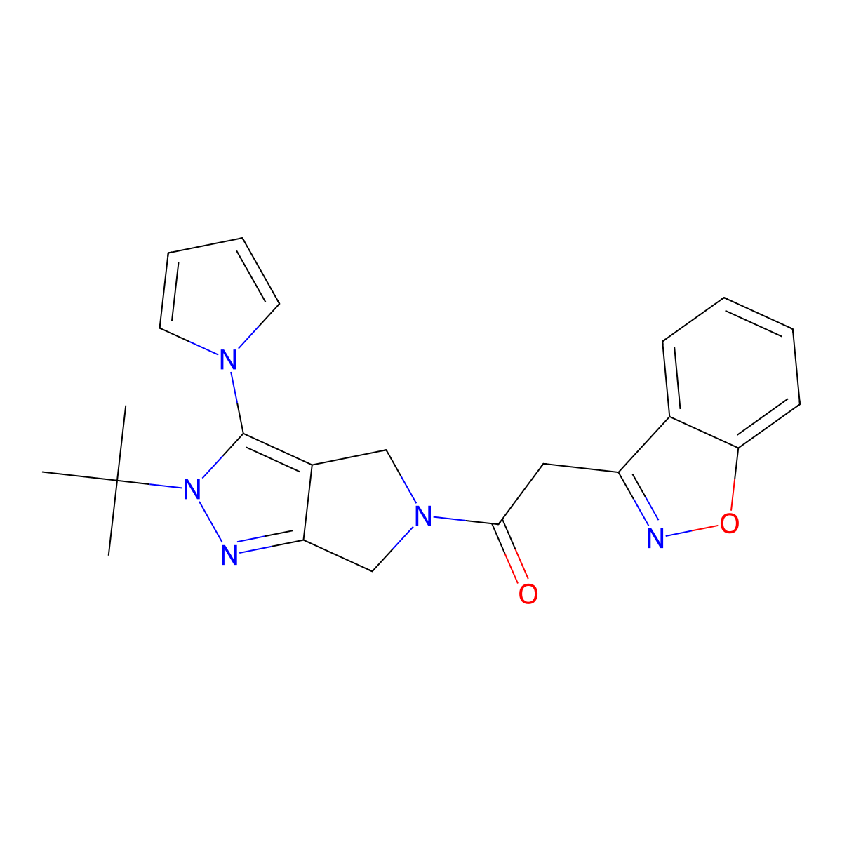 2-(1,2-benzoxazol-3-yl)-1-[2-tert-butyl-3-(1H-pyrrol-1-yl)-2H,4H,5H,6H-pyrrolo[3,4-c]pyrazol-5-yl]ethan-1-one molecular structure, CAS 1257548-48-3