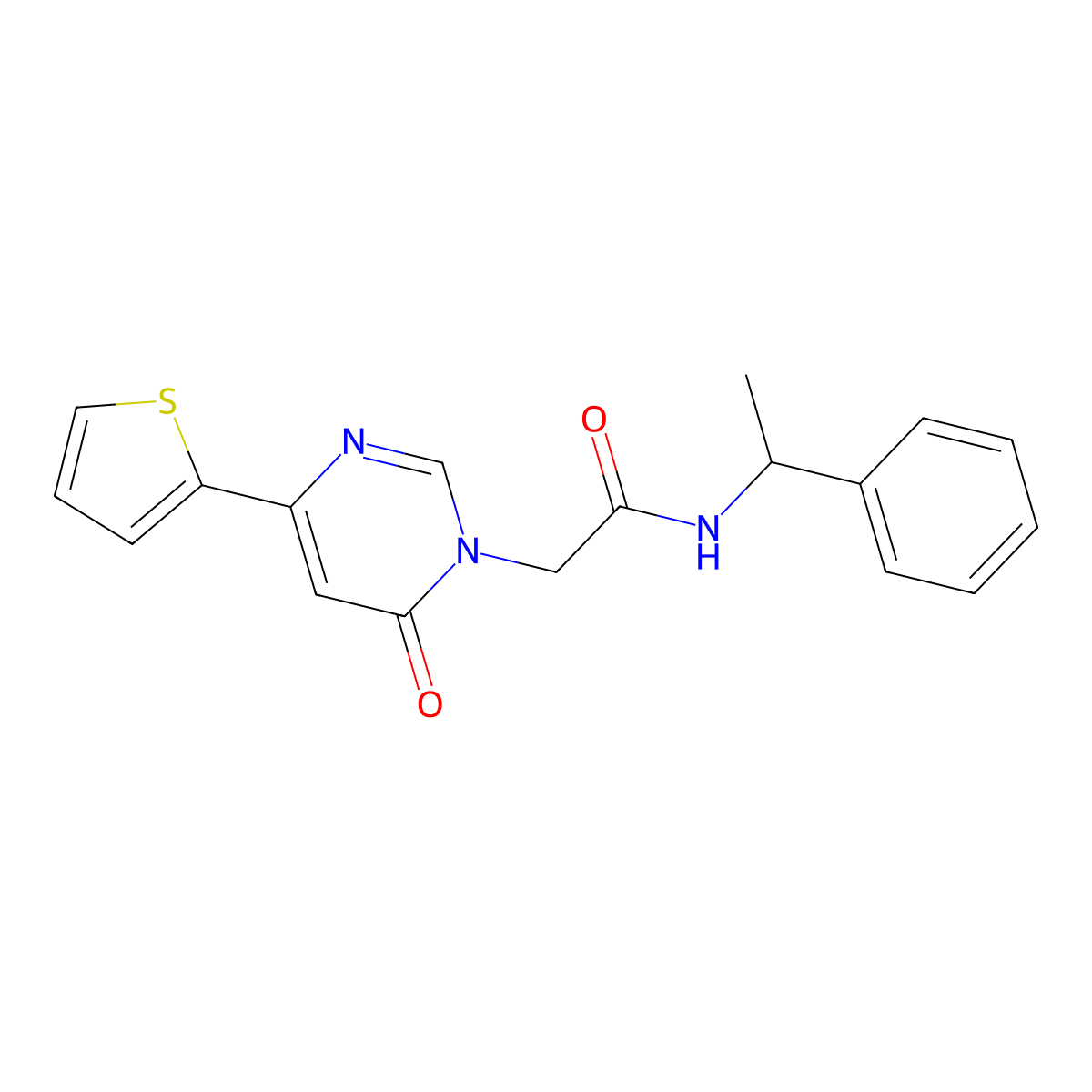 2-(6-oxo-4-(thiophen-2-yl)pyrimidin-1(6H)-yl)-N-(1-phenylethyl)acetamide molecular structure, CAS 1257548-85-8