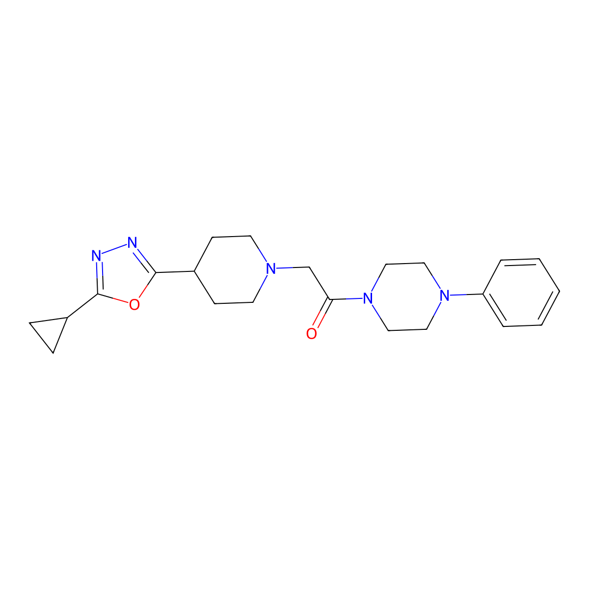 2-(4-(5-Cyclopropyl-1,3,4-oxadiazol-2-yl)piperidin-1-yl)-1-(4-phenylpiperazin-1-yl)ethanone molecular structure, CAS 1257549-59-9