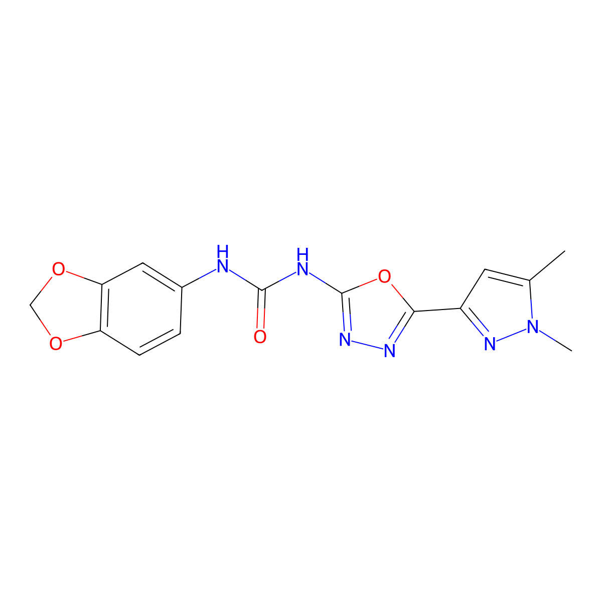 1-(benzo[d][1,3]dioxol-5-yl)-3-(5-(1,5-dimethyl-1H-pyrazol-3-yl)-1,3,4-oxadiazol-2-yl)urea molecular structure, CAS 1257549-81-7