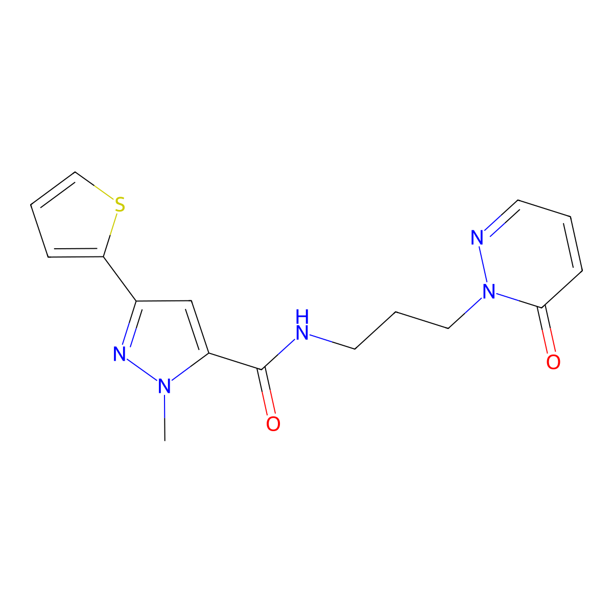 1-methyl-N-(3-(6-oxopyridazin-1(6H)-yl)propyl)-3-(thiophen-2-yl)-1H-pyrazole-5-carboxamide molecular structure, CAS 1257550-01-8