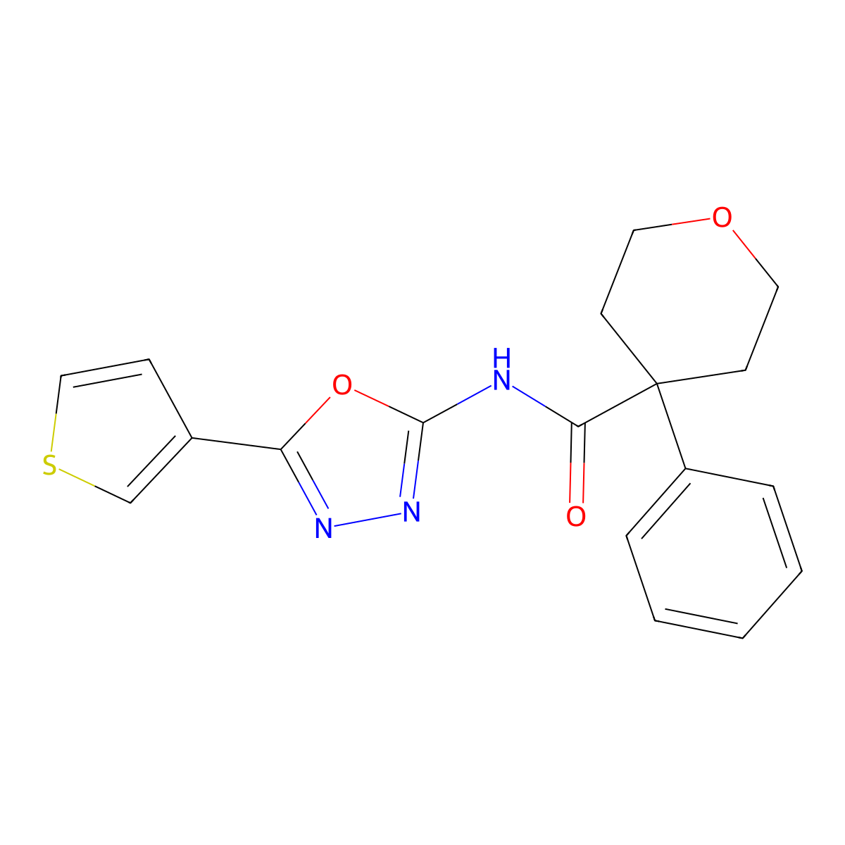 4-phenyl-N-(5-(thiophen-3-yl)-1,3,4-oxadiazol-2-yl)tetrahydro-2H-pyran-4-carboxamide molecular structure, CAS 1257550-32-5