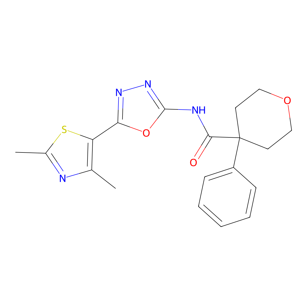 N-(5-(2,4-dimethylthiazol-5-yl)-1,3,4-oxadiazol-2-yl)-4-phenyltetrahydro-2H-pyran-4-carboxamide molecular structure, CAS 1257550-36-9