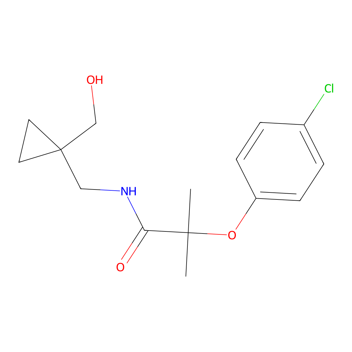 2-(4-chlorophenoxy)-N-((1-(hydroxymethyl)cyclopropyl)methyl)-2-methylpropanamide molecular structure, CAS 1257550-57-4