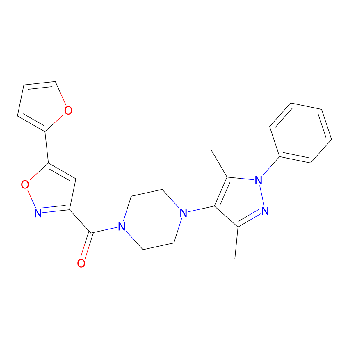 (4-(3,5-dimethyl-1-phenyl-1H-pyrazol-4-yl)piperazin-1-yl)(5-(furan-2-yl)isoxazol-3-yl)methanone molecular structure, CAS 1257550-89-2