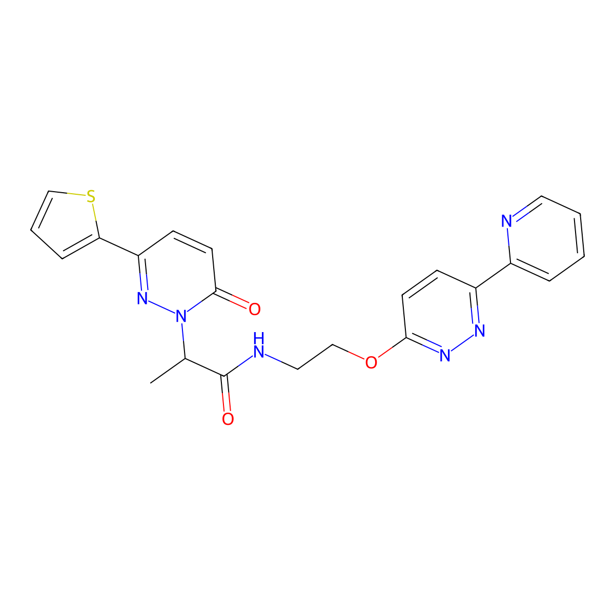 2-(6-oxo-3-(thiophen-2-yl)pyridazin-1(6H)-yl)-N-(2-((6-(pyridin-2-yl)pyridazin-3-yl)oxy)ethyl)propanamide molecular structure, CAS 1257550-93-8