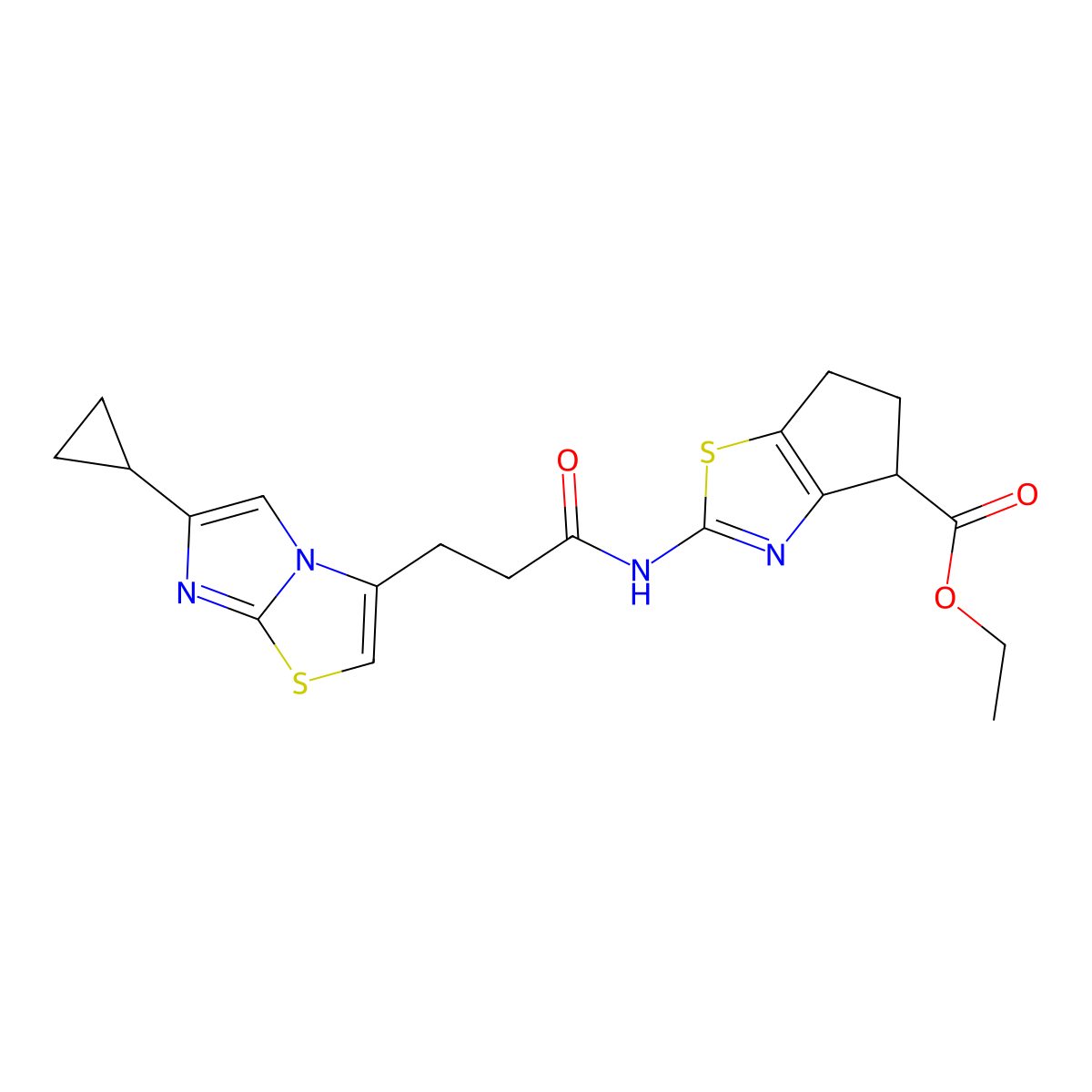 ethyl 2-(3-(6-cyclopropylimidazo[2,1-b]thiazol-3-yl)propanamido)-5,6-dihydro-4H-cyclopenta[d]thiazole-4-carboxylate molecular structure, CAS 1257551-25-9
