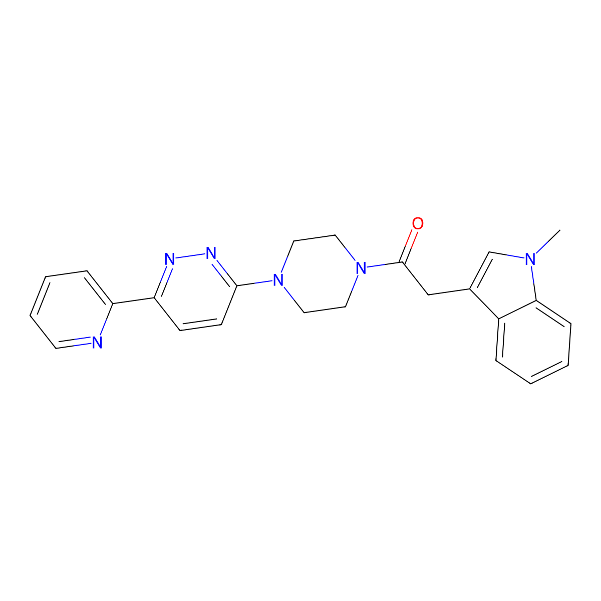 2-(1-methyl-1H-indol-3-yl)-1-(4-(6-(pyridin-2-yl)pyridazin-3-yl)piperazin-1-yl)ethanone molecular structure, CAS 1257551-48-6