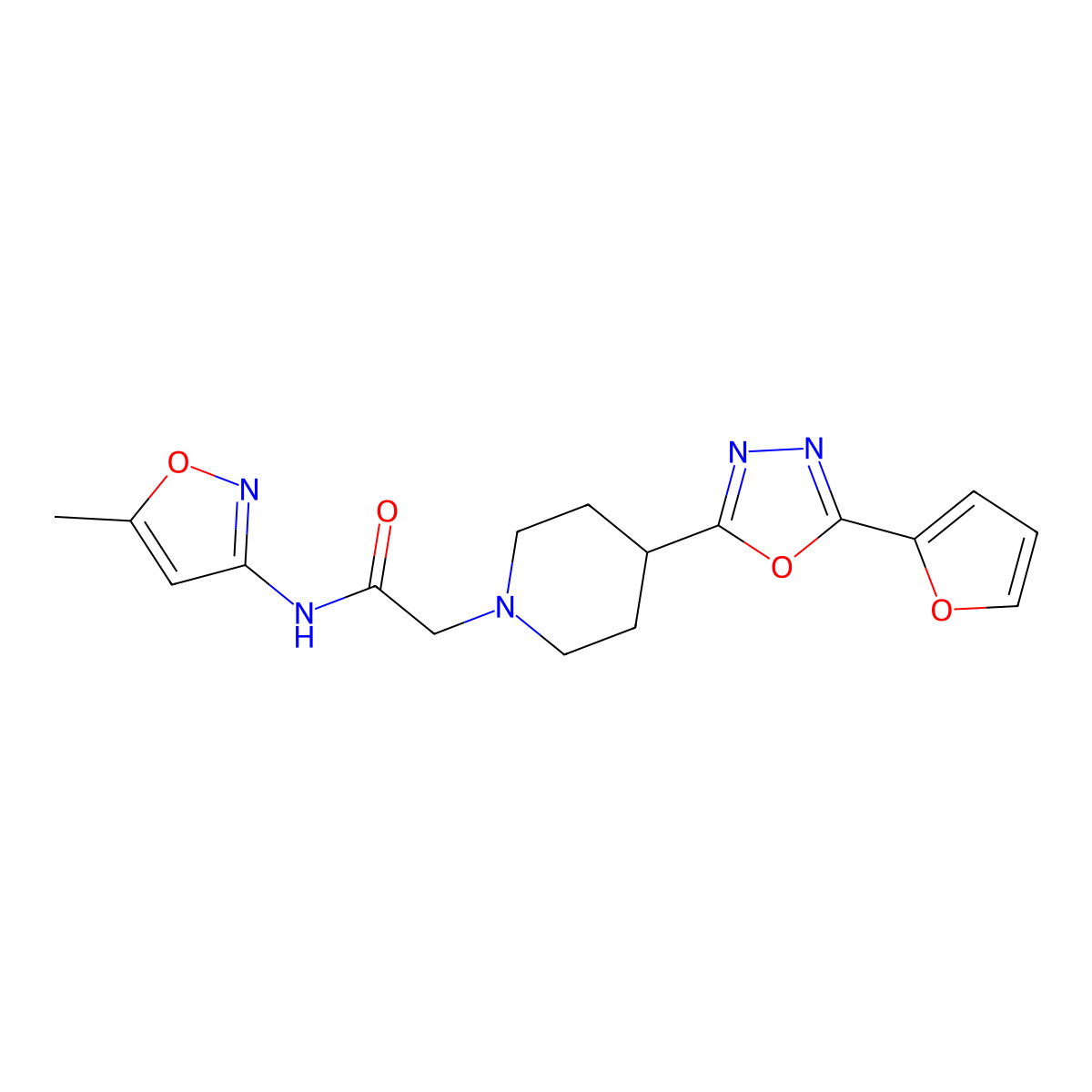 2-(4-(5-(furan-2-yl)-1,3,4-oxadiazol-2-yl)piperidin-1-yl)-N-(5-methylisoxazol-3-yl)acetamide molecular structure, CAS 1257551-82-8