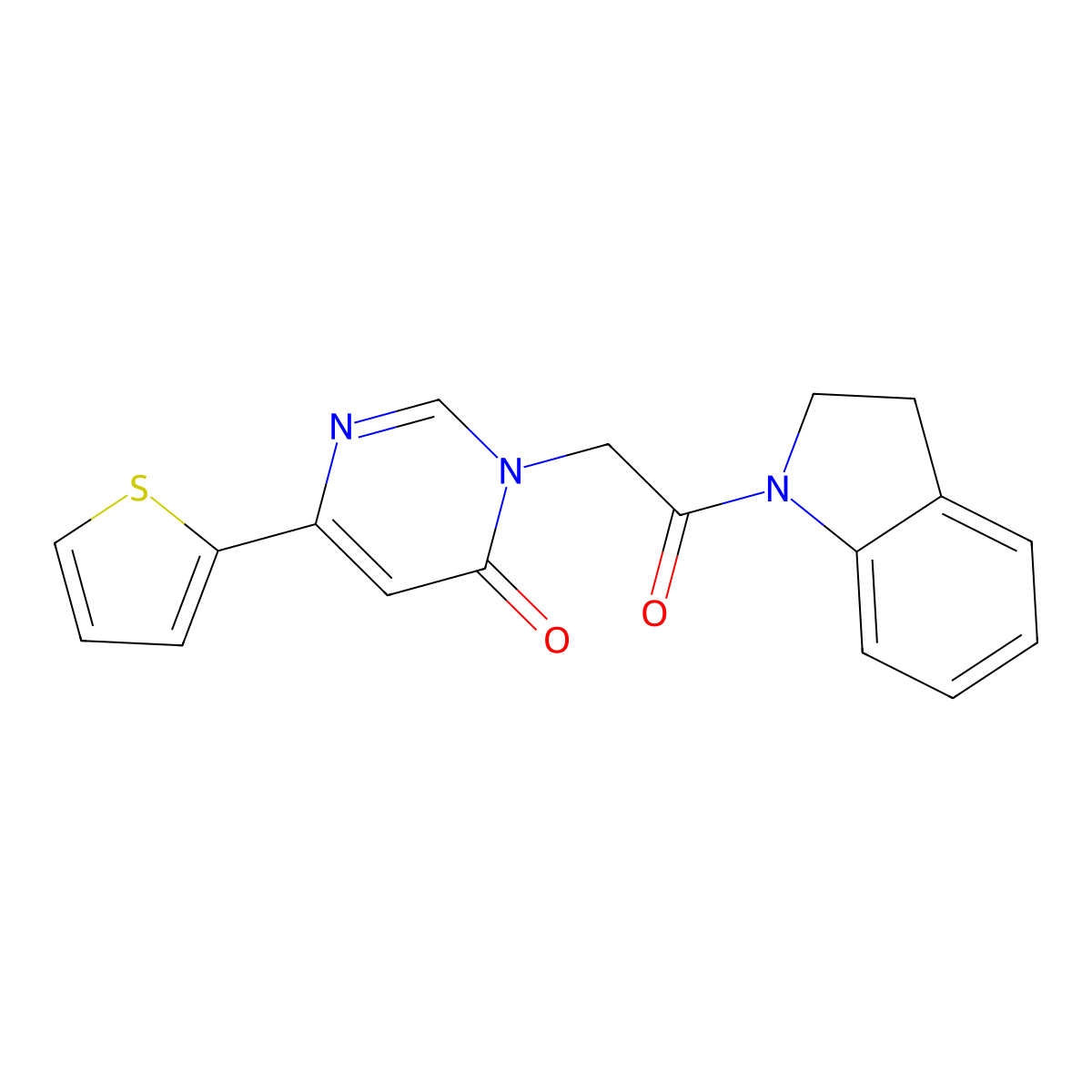 3-(2-(indolin-1-yl)-2-oxoethyl)-6-(thiophen-2-yl)pyrimidin-4(3H)-one molecular structure, CAS 1257552-12-7