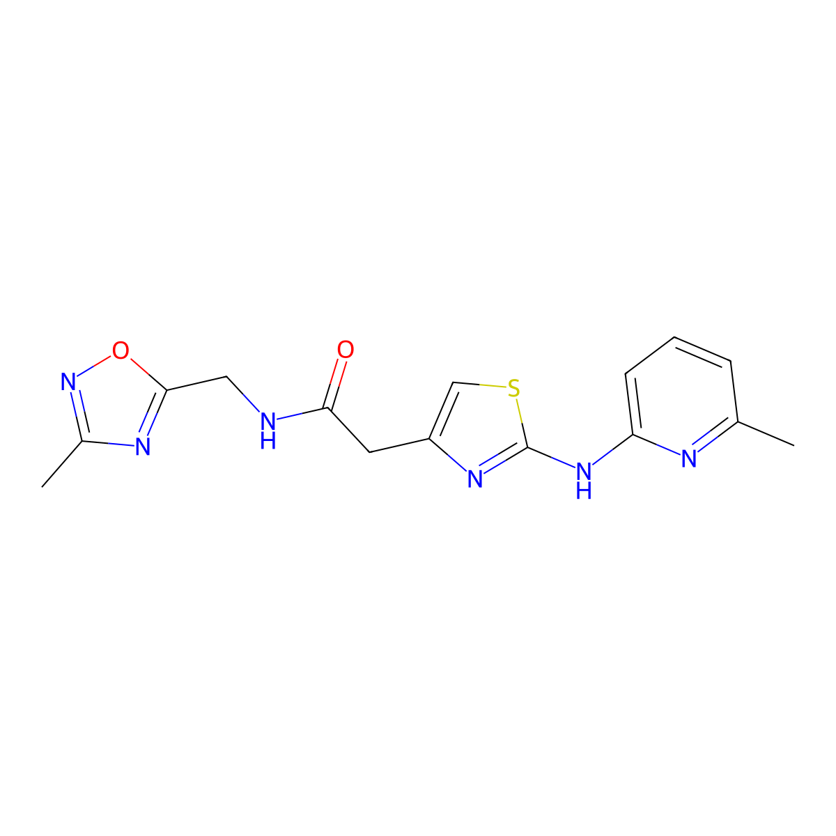 N-((3-methyl-1,2,4-oxadiazol-5-yl)methyl)-2-(2-((6-methylpyridin-2-yl)amino)thiazol-4-yl)acetamide molecular structure, CAS 1257552-20-7