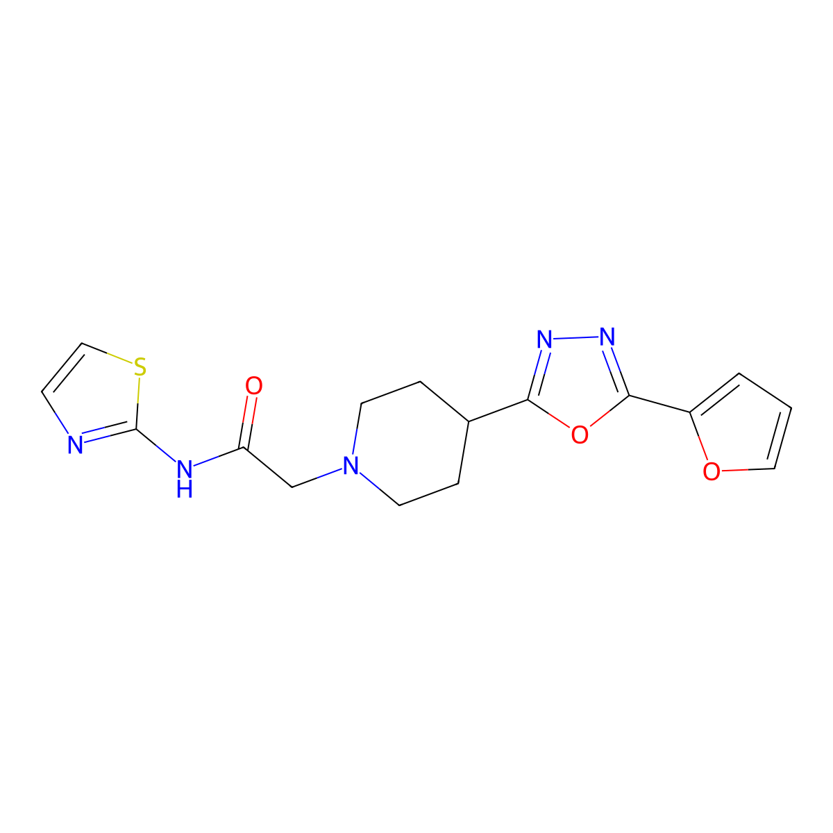 2-(4-(5-(furan-2-yl)-1,3,4-oxadiazol-2-yl)piperidin-1-yl)-N-(thiazol-2-yl)acetamide molecular structure, CAS 1257553-15-3