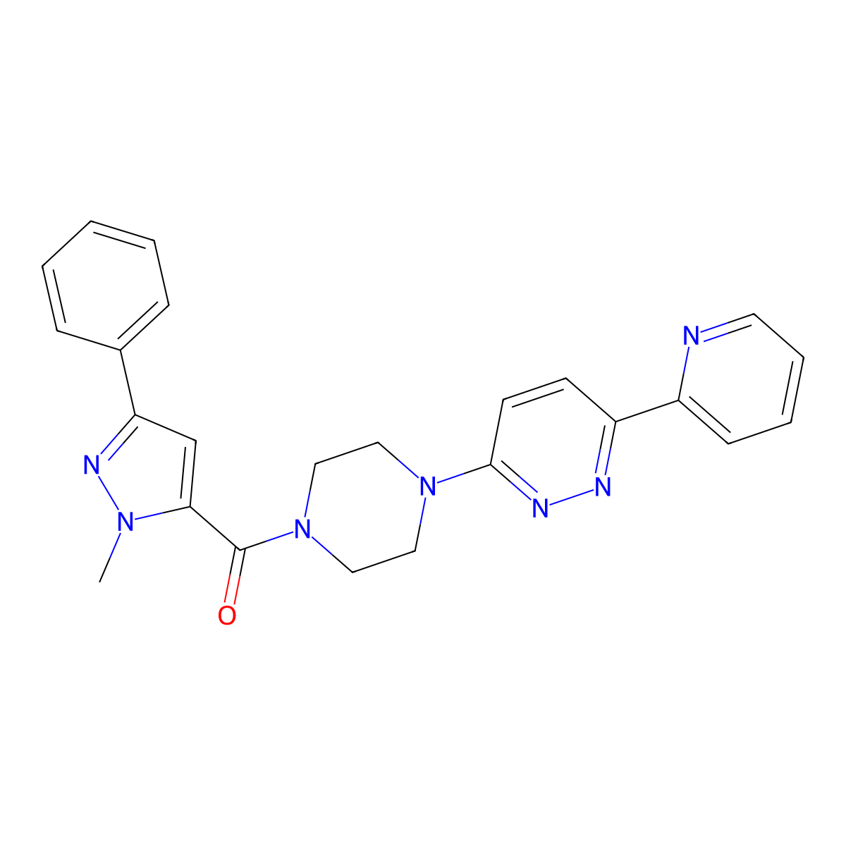 (1-methyl-3-phenyl-1H-pyrazol-5-yl)(4-(6-(pyridin-2-yl)pyridazin-3-yl)piperazin-1-yl)methanone molecular structure, CAS 1257553-27-7