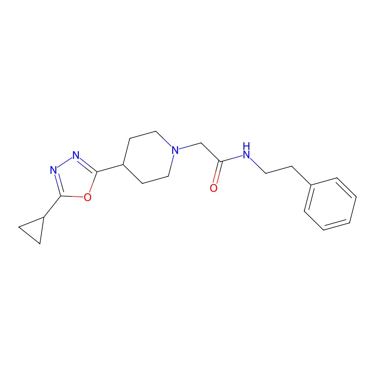 2-(4-(5-cyclopropyl-1,3,4-oxadiazol-2-yl)piperidin-1-yl)-N-phenethylacetamide molecular structure, CAS 1257553-32-4
