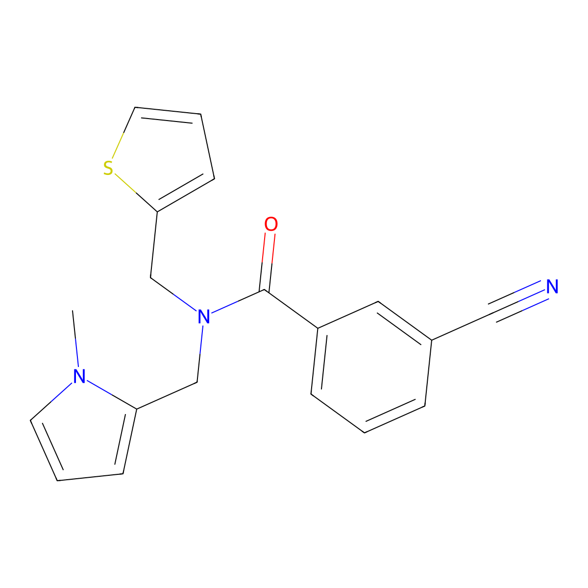 3-cyano-N-((1-methyl-1H-pyrrol-2-yl)methyl)-N-(thiophen-2-ylmethyl)benzamide molecular structure, CAS 1257553-43-7