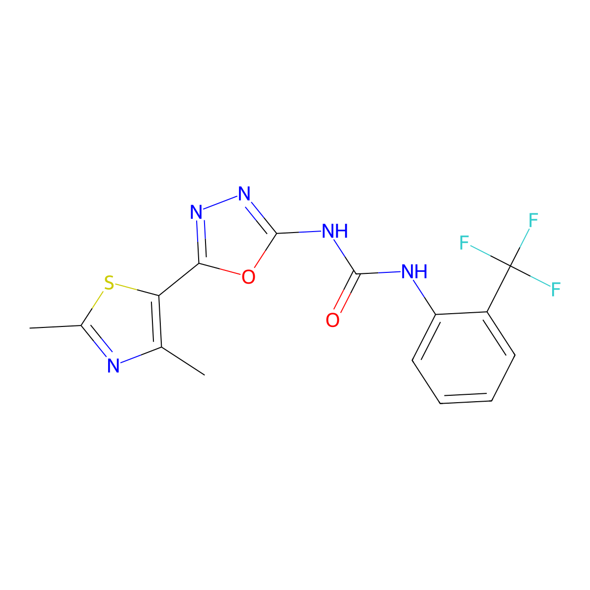 1-(5-(2,4-Dimethylthiazol-5-yl)-1,3,4-oxadiazol-2-yl)-3-(2-(trifluoromethyl)phenyl)urea molecular structure, CAS 1257553-48-2