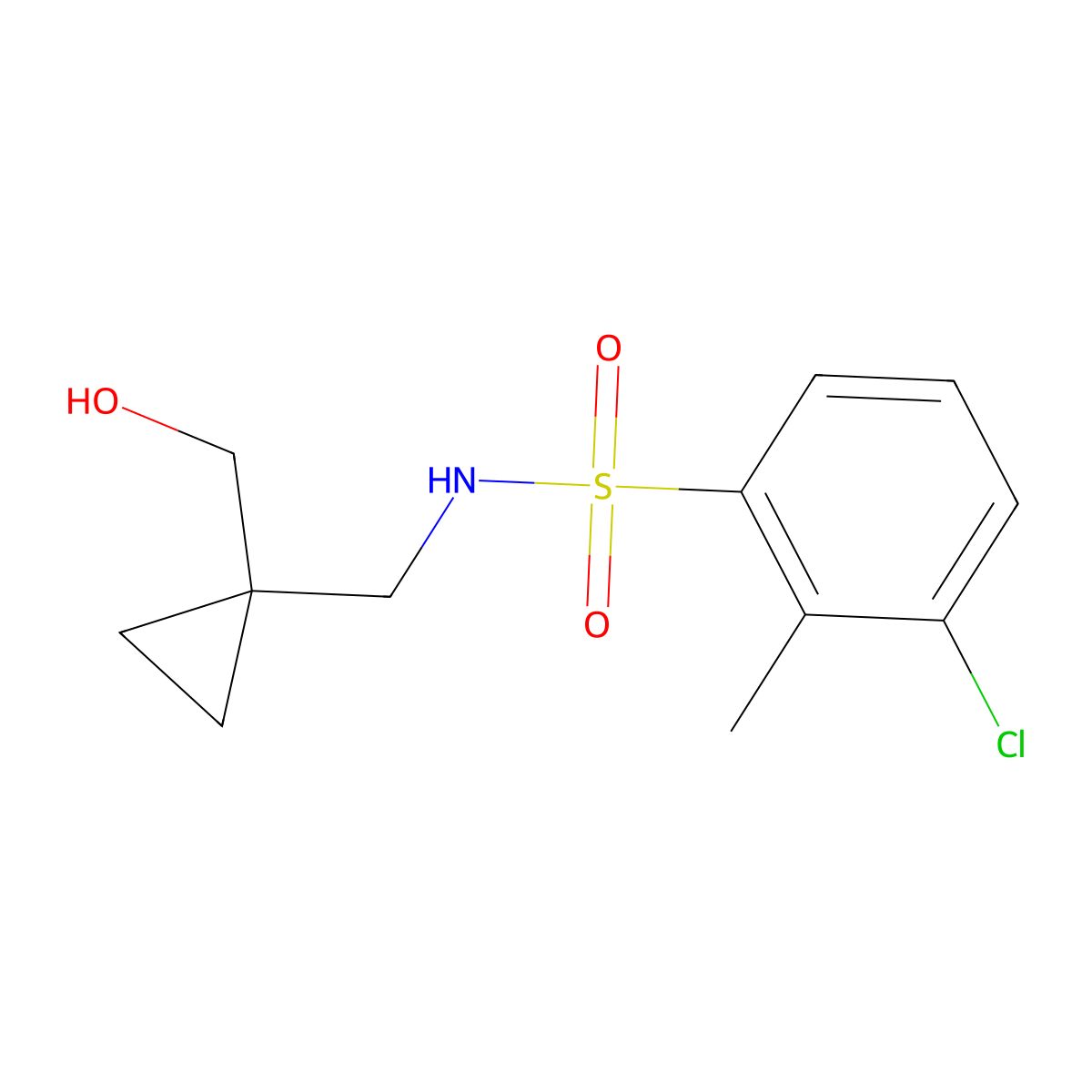 3-chloro-N-((1-(hydroxymethyl)cyclopropyl)methyl)-2-methylbenzenesulfonamide molecular structure, CAS 1257553-62-0