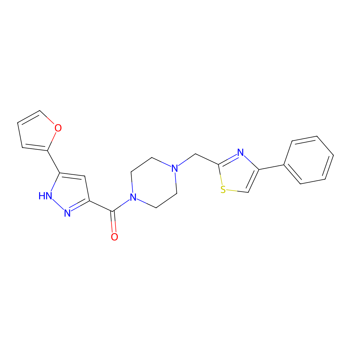 (3-(furan-2-yl)-1H-pyrazol-5-yl)(4-((4-phenylthiazol-2-yl)methyl)piperazin-1-yl)methanone molecular structure, CAS 1257659-20-3