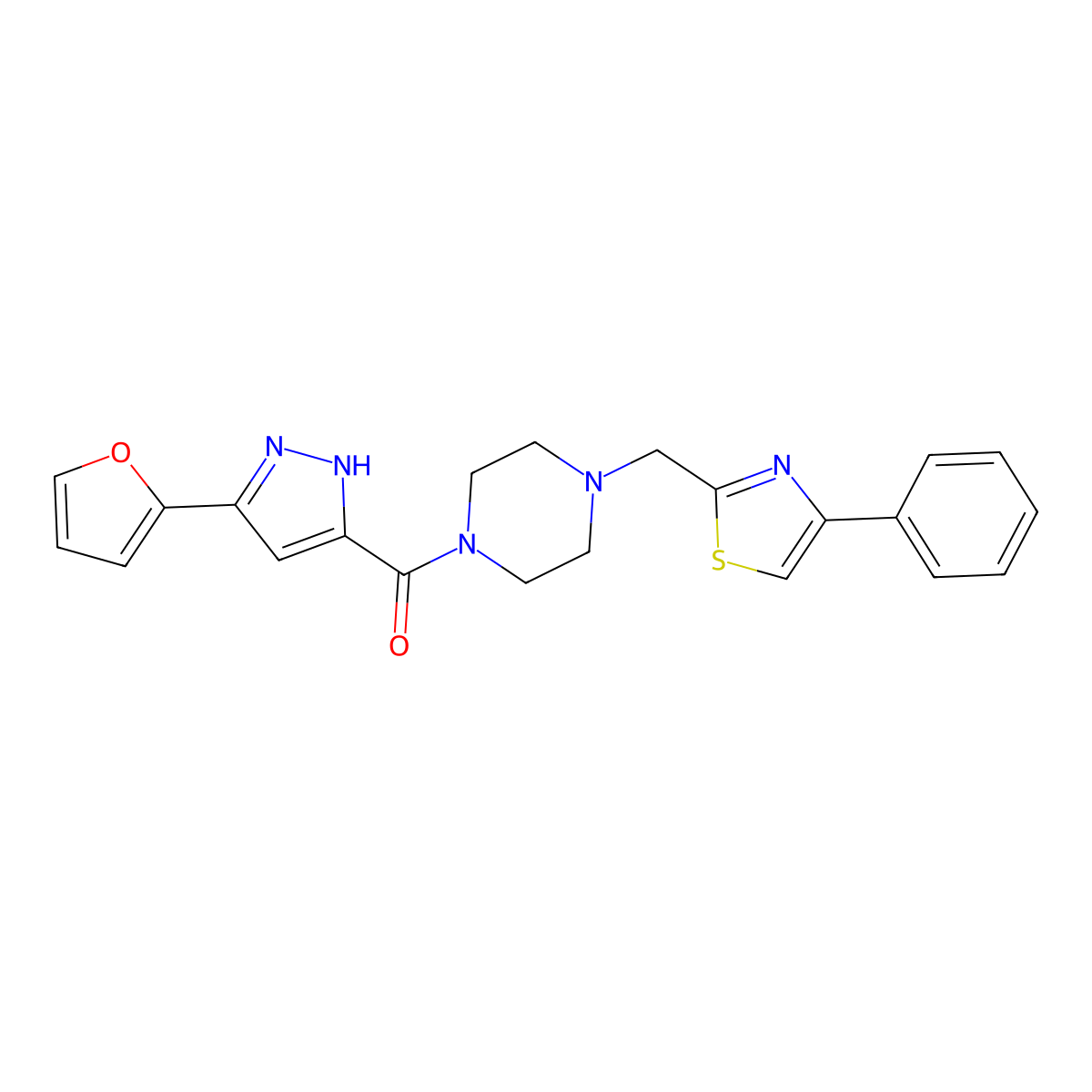 (3-(furan-2-yl)-1H-pyrazol-5-yl)(4-((4-phenylthiazol-2-yl)methyl)piperazin-1-yl)methanone molecular structure, CAS 1257659-20-3