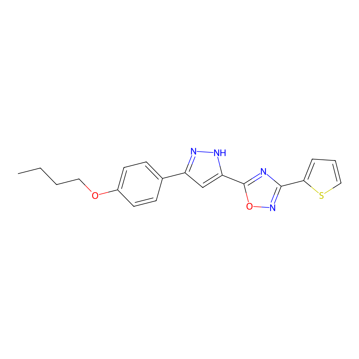 5-[3-(4-butoxyphenyl)-1H-pyrazol-5-yl]-3-(thiophen-2-yl)-1,2,4-oxadiazole molecular structure, CAS 1257660-30-2