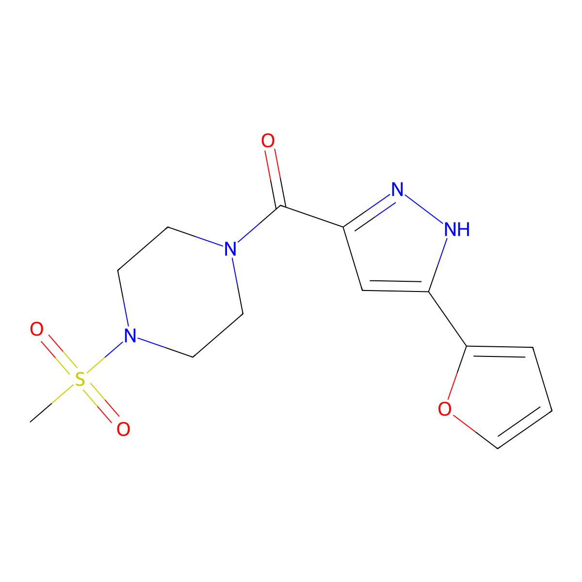 (5-(furan-2-yl)-1H-pyrazol-3-yl)(4-(methylsulfonyl)piperazin-1-yl)methanone molecular structure, CAS 1257660-31-3