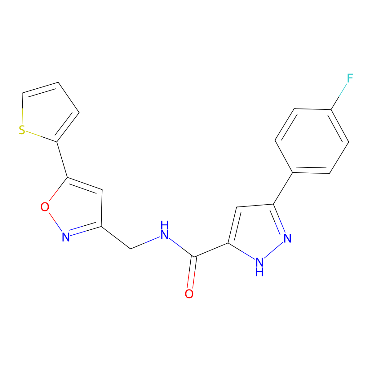 3-(4-fluorophenyl)-N-((5-(thiophen-2-yl)isoxazol-3-yl)methyl)-1H-pyrazole-5-carboxamide molecular structure, CAS 1257800-44-4