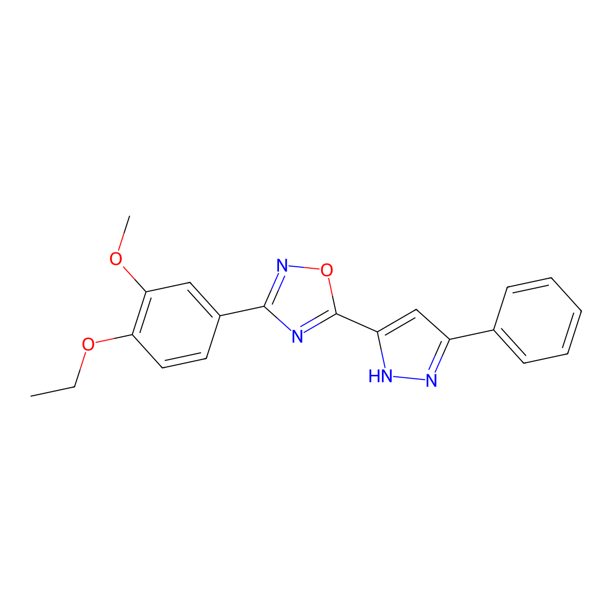 3-(4-ethoxy-3-methoxyphenyl)-5-(3-phenyl-1H-pyrazol-5-yl)-1,2,4-oxadiazole molecular structure, CAS 1257833-99-0