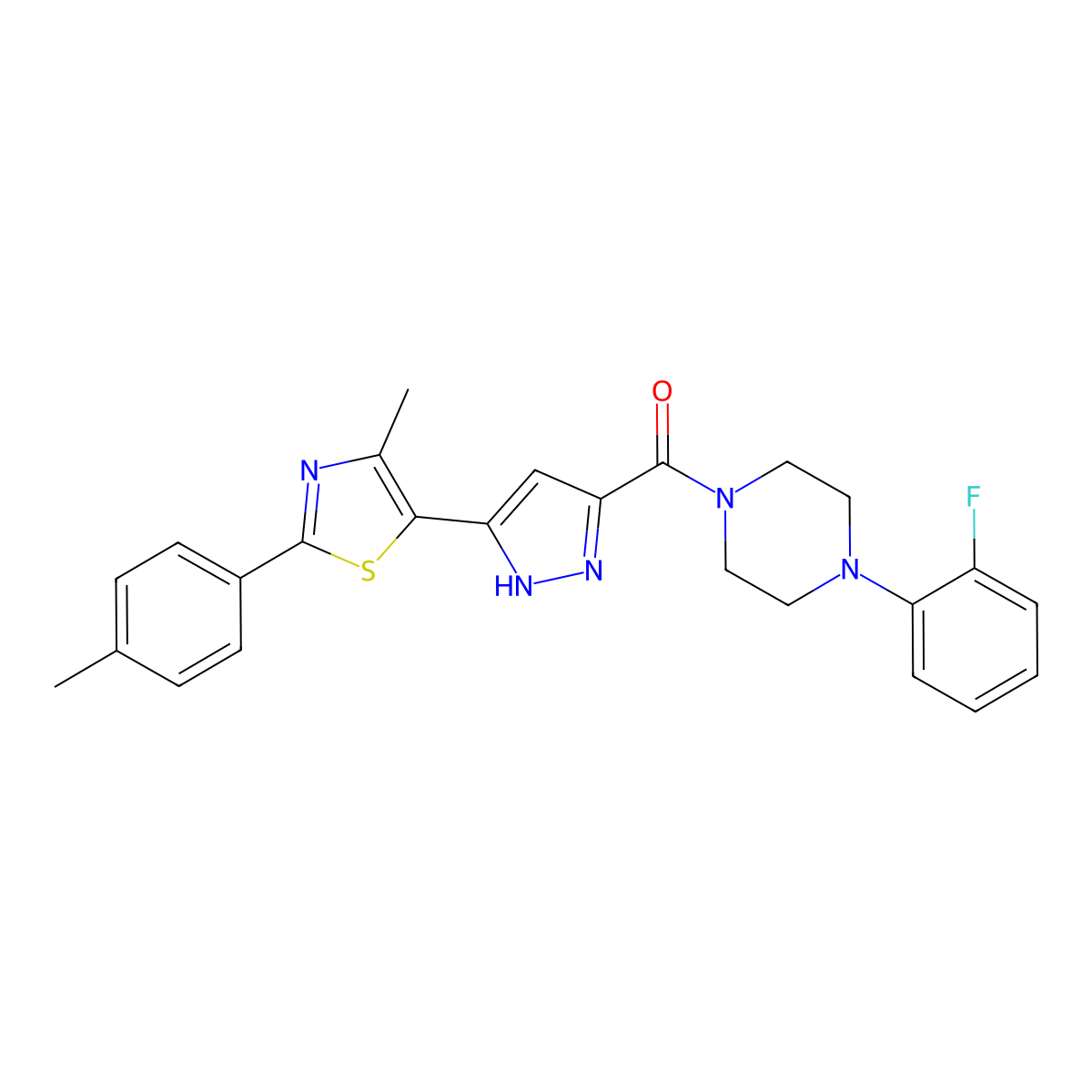 (4-(2-fluorophenyl)piperazin-1-yl)(3-(4-methyl-2-(p-tolyl)thiazol-5-yl)-1H-pyrazol-5-yl)methanone molecular structure, CAS 1257834-50-6