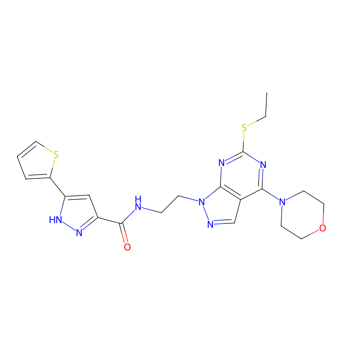 N-(2-(6-(ethylthio)-4-morpholino-1H-pyrazolo[3,4-d]pyrimidin-1-yl)ethyl)-3-(thiophen-2-yl)-1H-pyrazole-5-carboxamide molecular structure, CAS 1257842-45-7