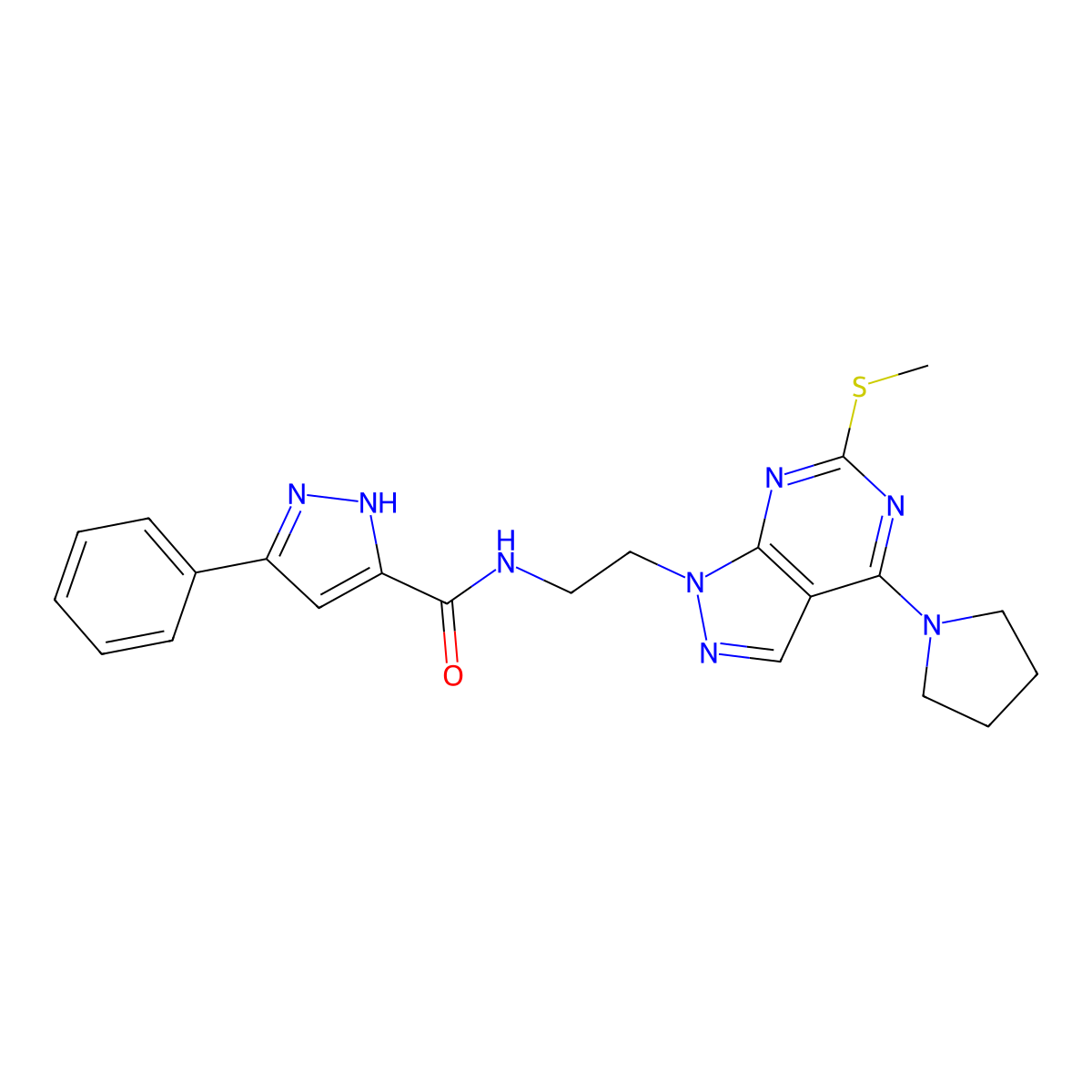 N-(2-(6-(methylthio)-4-(pyrrolidin-1-yl)-1H-pyrazolo[3,4-d]pyrimidin-1-yl)ethyl)-3-phenyl-1H-pyrazole-5-carboxamide molecular structure, CAS 1257842-61-7