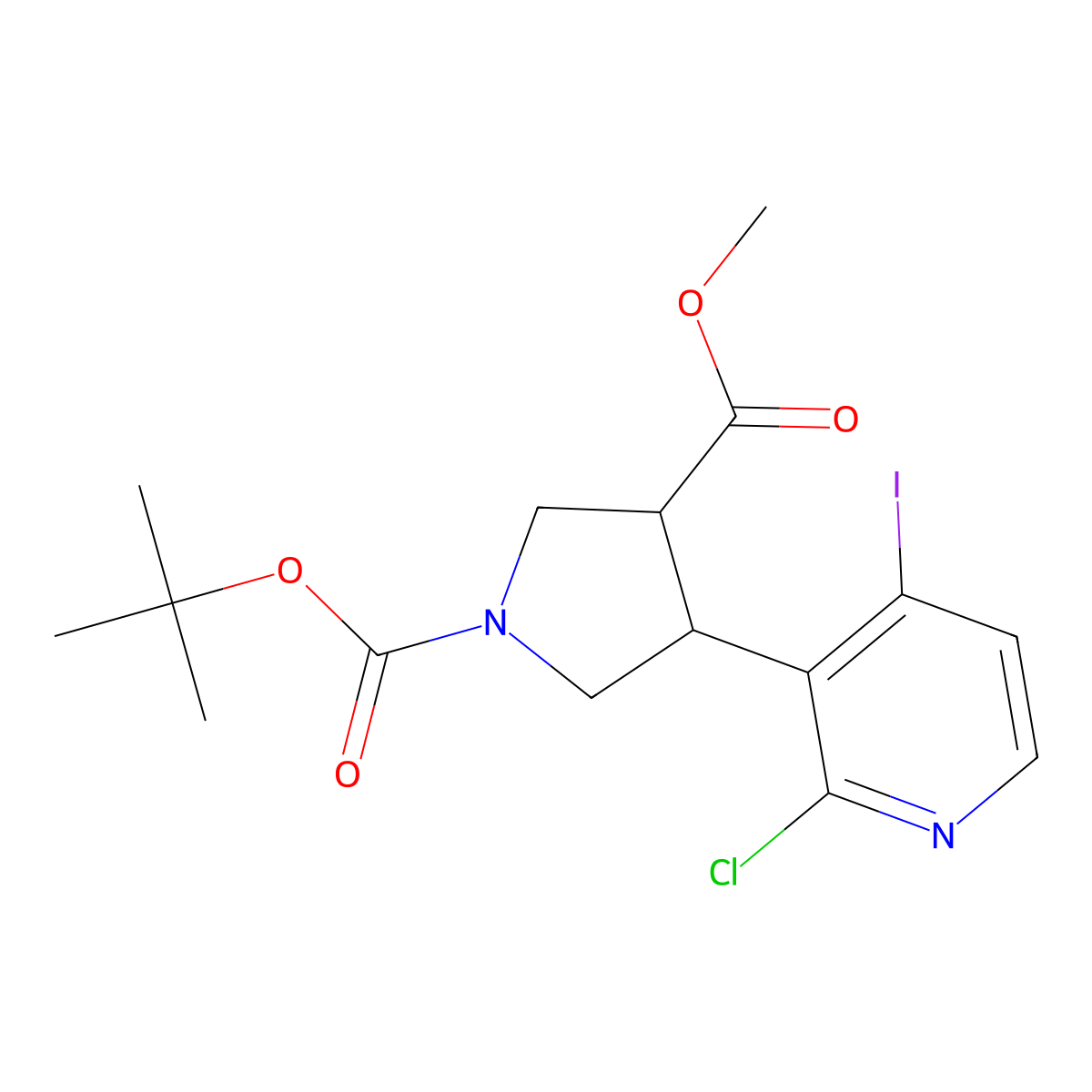 1-tert-Butyl 3-methyl 4-(2-chloro-4-iodopyridin-3-yl)pyrrolidine-1,3-dicarboxylate molecular structure, CAS 1257850-08-0