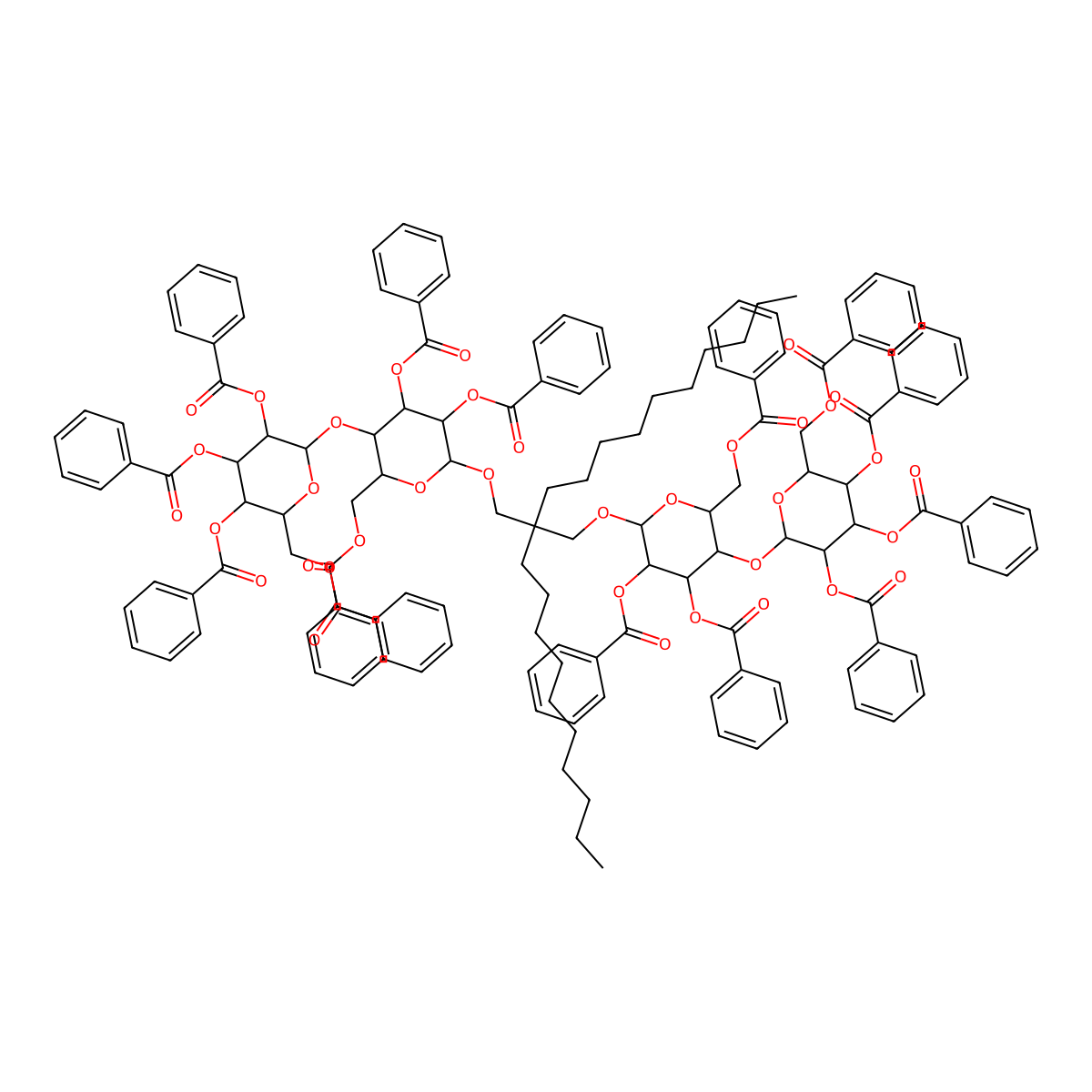 [(2R,3R,4S,5R,6R)-4,5-dibenzoyloxy-6-[2-decyl-2-[[(2R,3R,4S,5R,6R)-3,4-dibenzoyloxy-6-(benzoyloxymethyl)-5-[(2R,3R,4S,5R,6R)-3,4,5-tribenzoyloxy-6-(benzoyloxymethyl)oxan-2-yl]oxyoxan-2-yl]oxymethyl]dodecoxy]-3-[(2R,3R,4S,5R,6R)-3,4,5-tribenzoyloxy-6-(benzoyloxymethyl)oxan-2-yl]oxyoxan-2-yl]methyl benzoate molecular structure, CAS 1257853-50-1