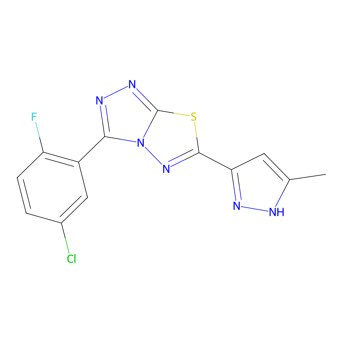 3-(5-chloro-2-fluorophenyl)-6-(5-methyl-1H-pyrazol-3-yl)[1,2,4]triazolo[3,4-b][1,3,4]thiadiazole molecular structure, CAS 1257861-03-2