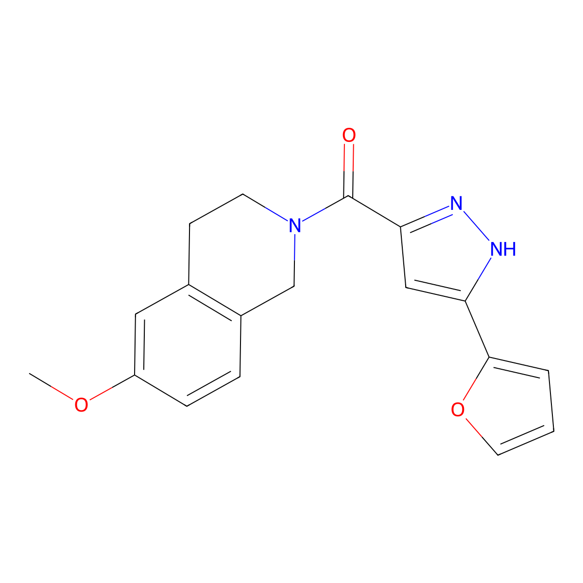 (5-(furan-2-yl)-1H-pyrazol-3-yl)(6-methoxy-3,4-dihydroisoquinolin-2(1H)-yl)methanone molecular structure, CAS 1257875-35-6