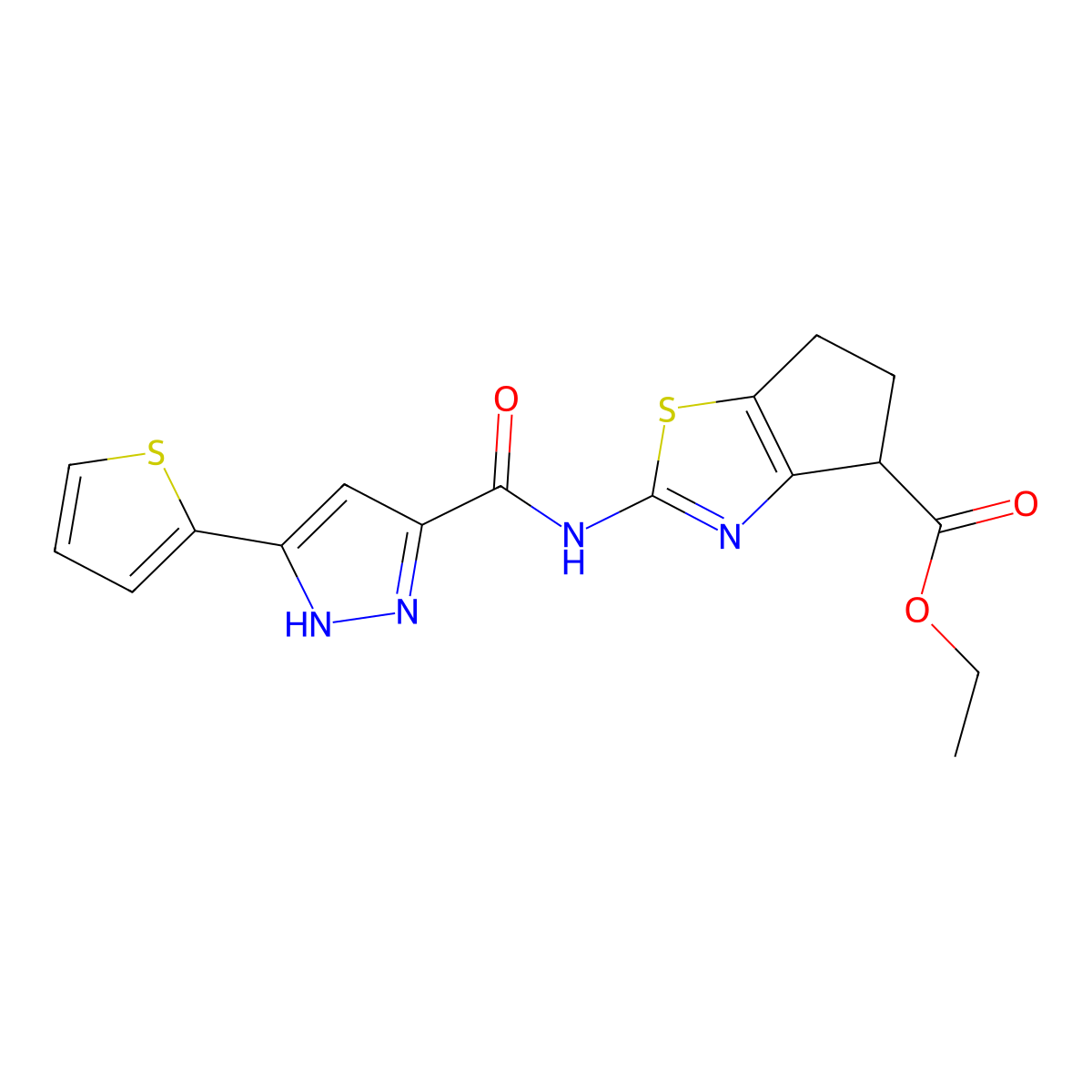 ethyl 2-(5-(thiophen-2-yl)-1H-pyrazole-3-carboxamido)-5,6-dihydro-4H-cyclopenta[d]thiazole-4-carboxylate molecular structure, CAS 1257875-79-8