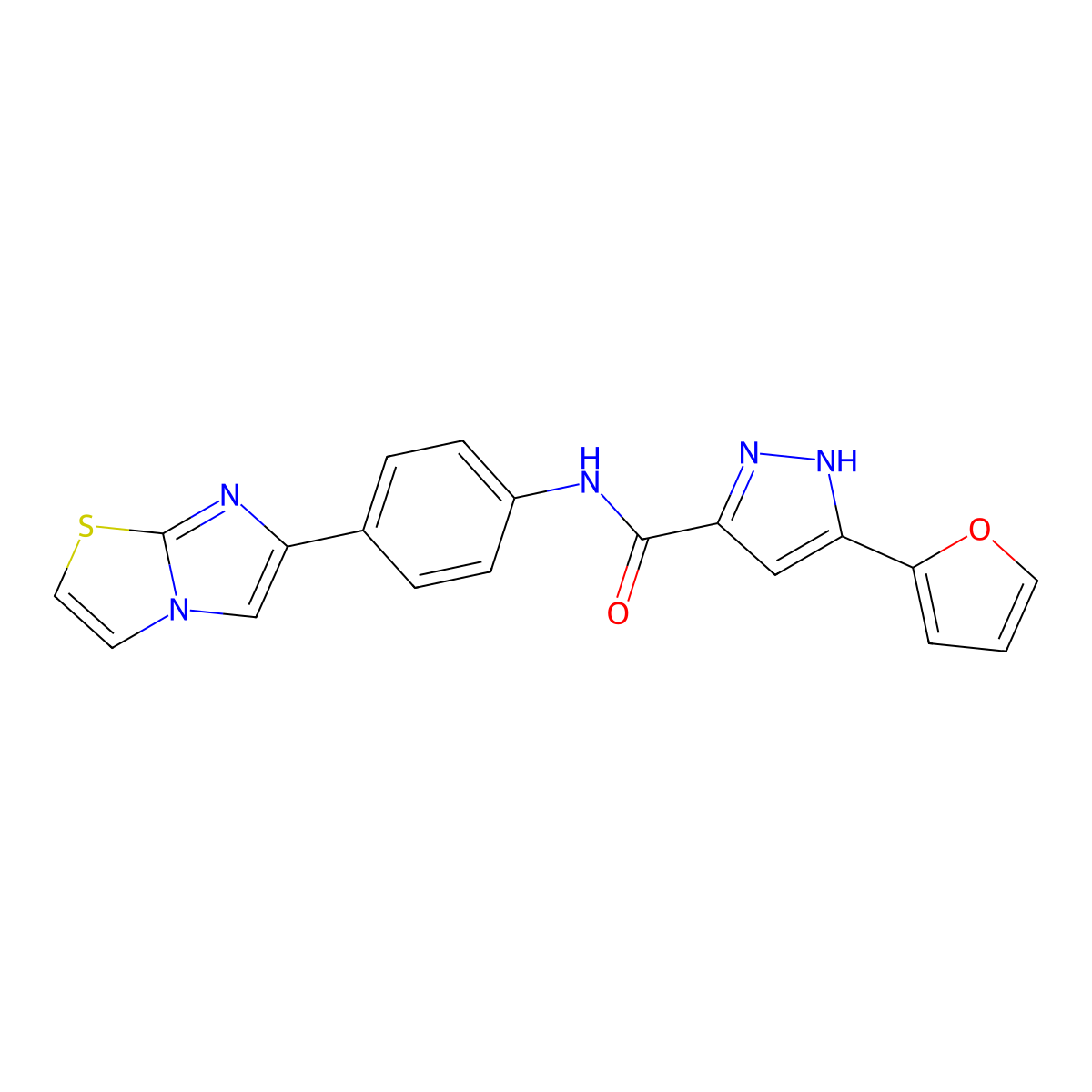 3-(furan-2-yl)-N-(4-{imidazo[2,1-b][1,3]thiazol-6-yl}phenyl)-1H-pyrazole-5-carboxamide molecular structure, CAS 1257878-46-8