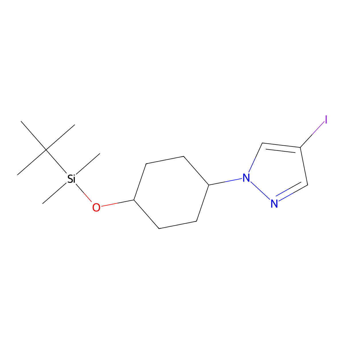 1H-Pyrazole, 1-[trans-4-[[(1,1-dimethylethyl)dimethylsilyl]oxy]cyclohexyl]-4-iodo- molecular structure, CAS 1257997-18-4