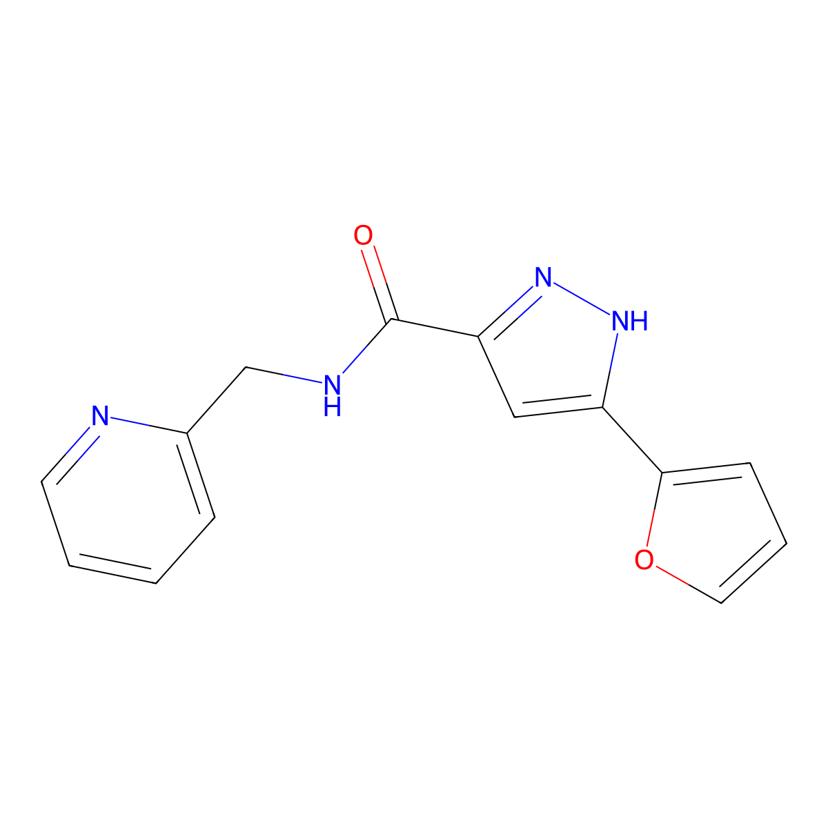 5-(furan-2-yl)-N-(pyridin-2-ylmethyl)-1H-pyrazole-3-carboxamide molecular structure, CAS 1258001-85-2