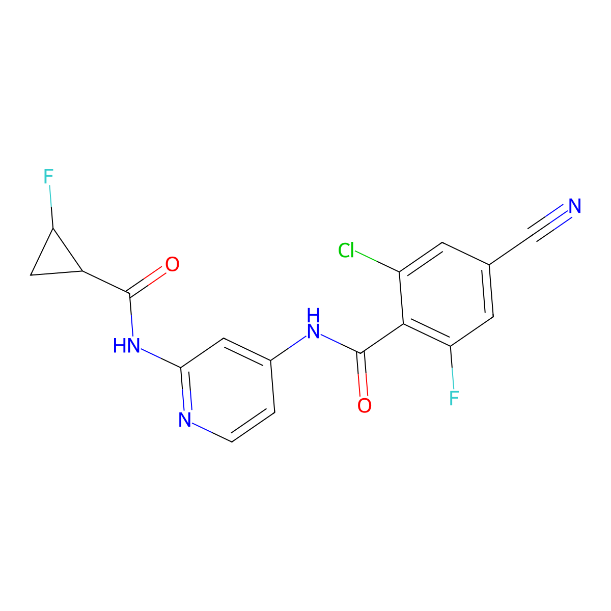2-Chloro-4-cyano-6-fluoro-n-(2-((1r,2r)-2-fluorocyclopropanecarboxamido)pyridin-4-yl)benzamide molecular structure, CAS 1258294-34-6