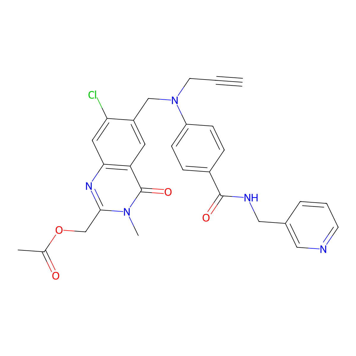 (7-chloro-3-Methyl-4-oxo-6-((prop-2-ynyl(4-(pyridin-3-ylMethylcarbaMoyl)phenyl)aMino)Methyl)-3,4-dihydroquinazolin-2-yl)Methyl acetate molecular structure, CAS 1258400-23-5