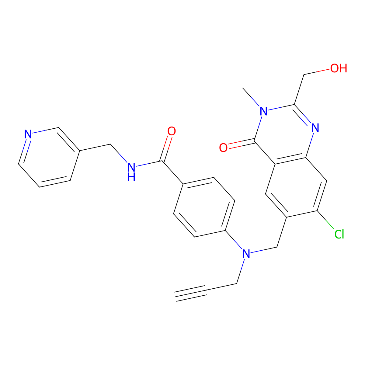 4-(((7-chloro-2-(hydroxymethyl)-3-methyl-4-oxo-3,4-dihydroquinazolin-6-yl)methyl)(prop-2-ynyl)amino)-N-(pyridin-3-ylmethyl)benzamide molecular structure, CAS 1258400-25-7