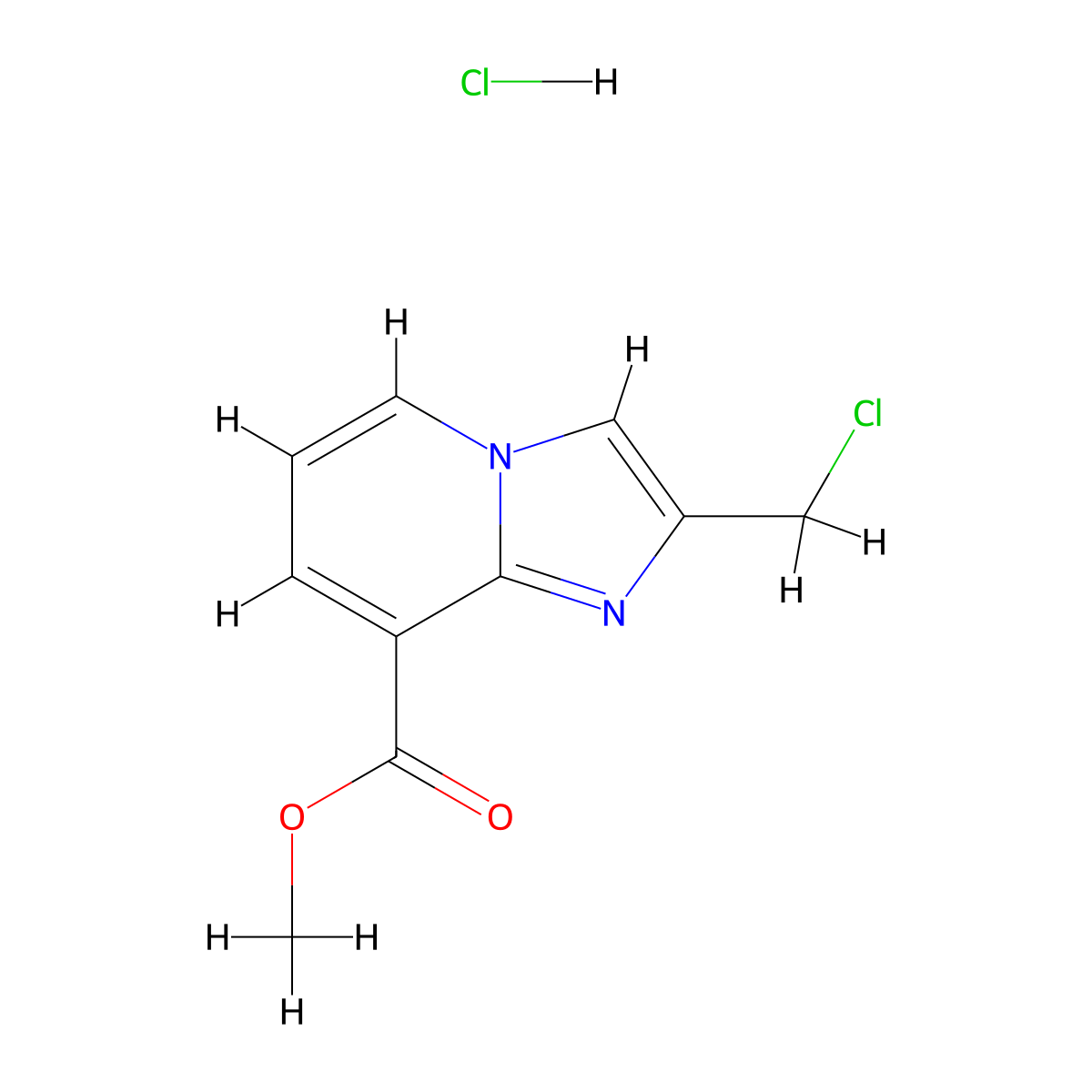 Methyl 2-(chloromethyl)imidazo(1,2-a)pyridine-8-carboxylate hydrochloride molecular structure, CAS 1258639-80-3
