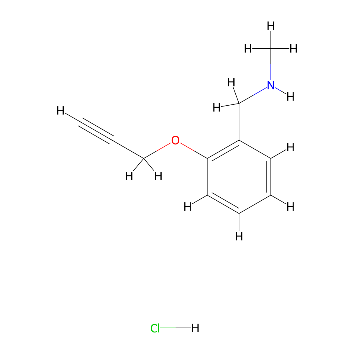 Methyl({[2-(prop-2-yn-1-yloxy)phenyl]methyl})amine hydrochloride molecular structure, CAS 1258640-56-0