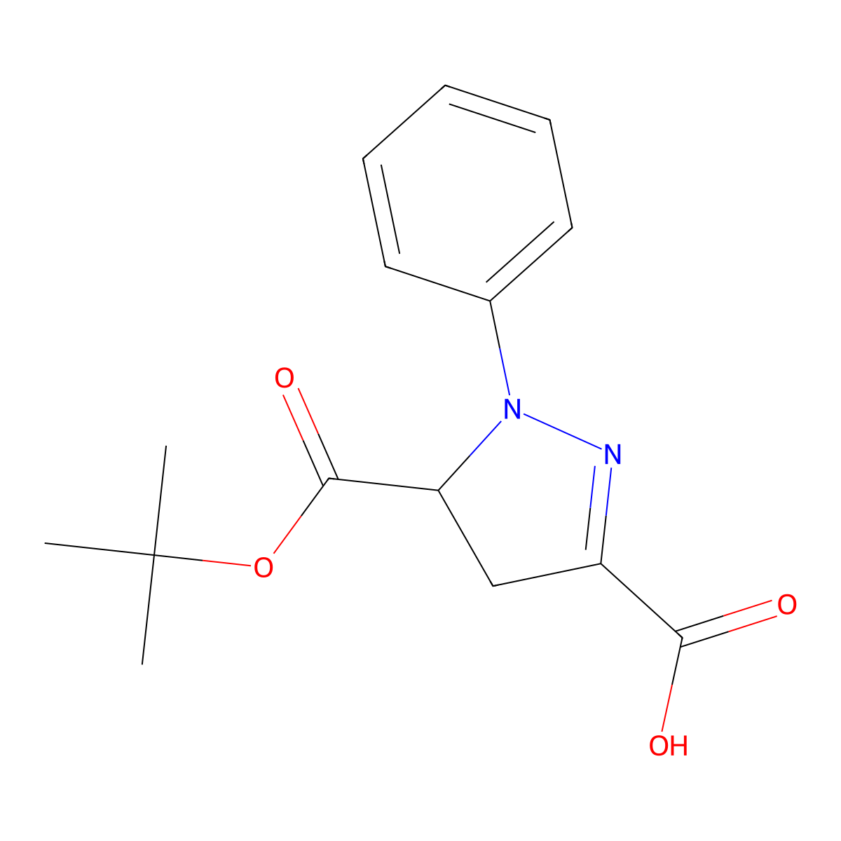 5-((tert-butoxy)carbonyl)-1-phenyl-4,5-dihydro-1H-pyrazole-3-carboxylic acid molecular structure, CAS 1258641-25-6